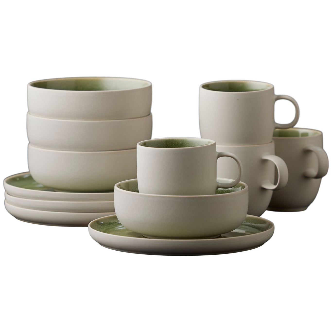 North Tableware Set 12 Pieces, Matte White/Shiny Moss