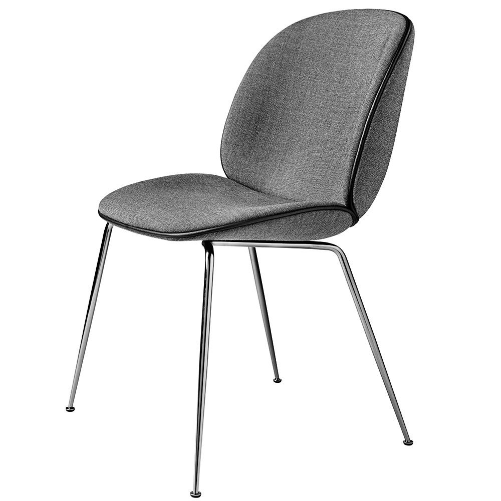 Beetle Dining Chair Fully Upholstered, Conic Base Chrome, Grey/Black Leather