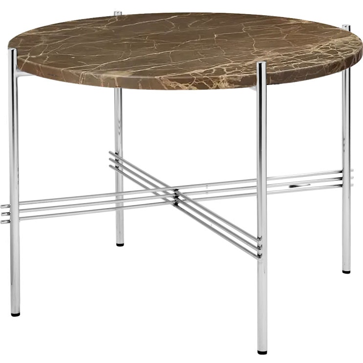 TS Coffee Table 55 cm, Polished Steel / Brown Emperador marble