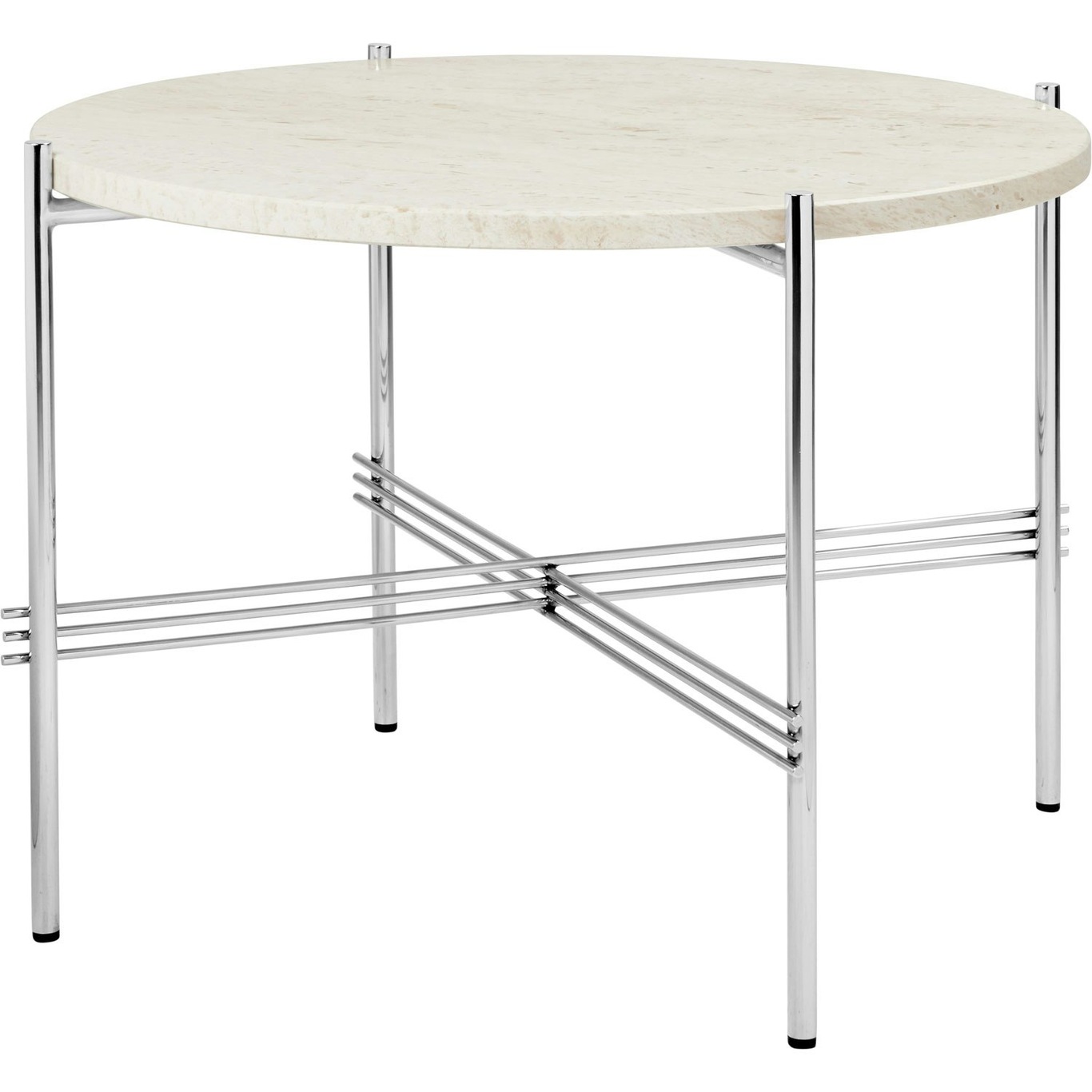 TS Coffee Table 55 cm, Polished Steel / Neutral white Travertine