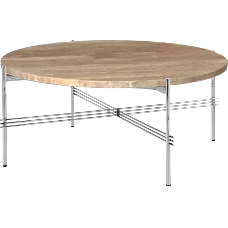 TS Coffee Table 80 cm, Polished Steel / Warm taupe Travertine
