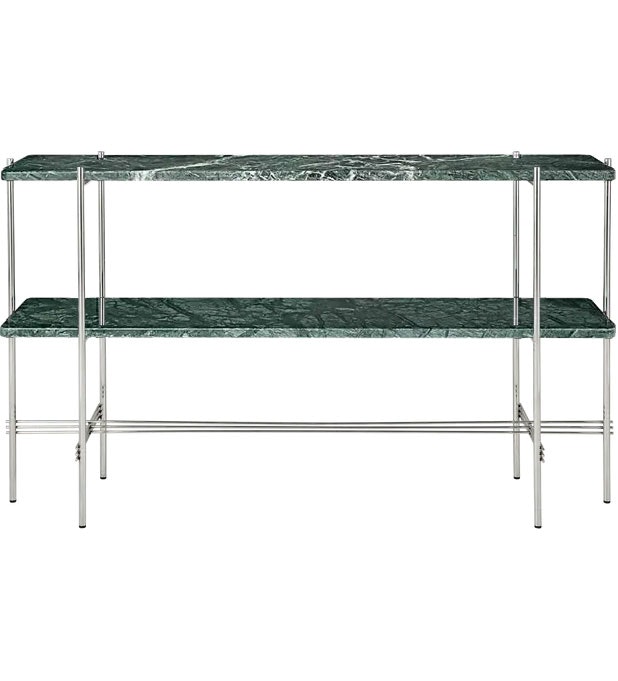 TS Console Side Table 120x30x72 cm, Polished Steel / Green Guatemala marble