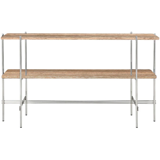TS Console Side Table 120x30x72 cm, Polished Steel / Warm taupe Travertine