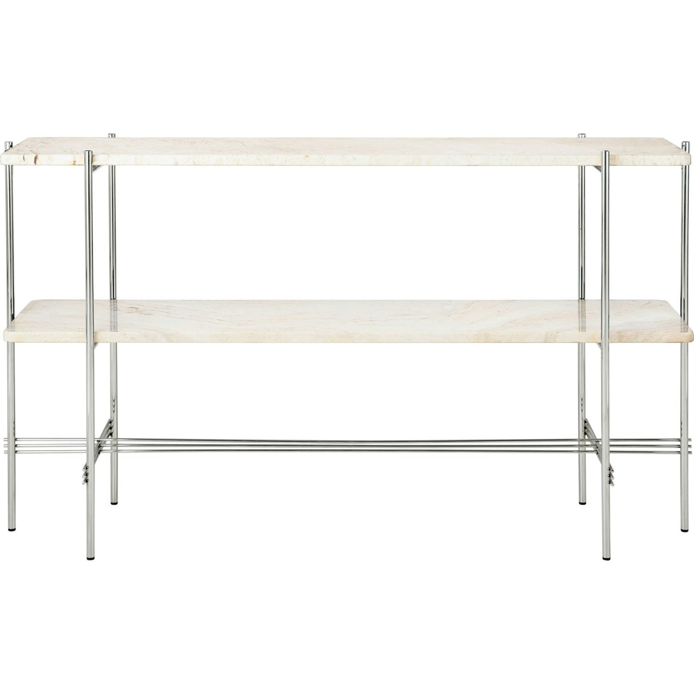 TS Console Side Table 120x30x72 cm, Polished Steel / Neutral white Travertine