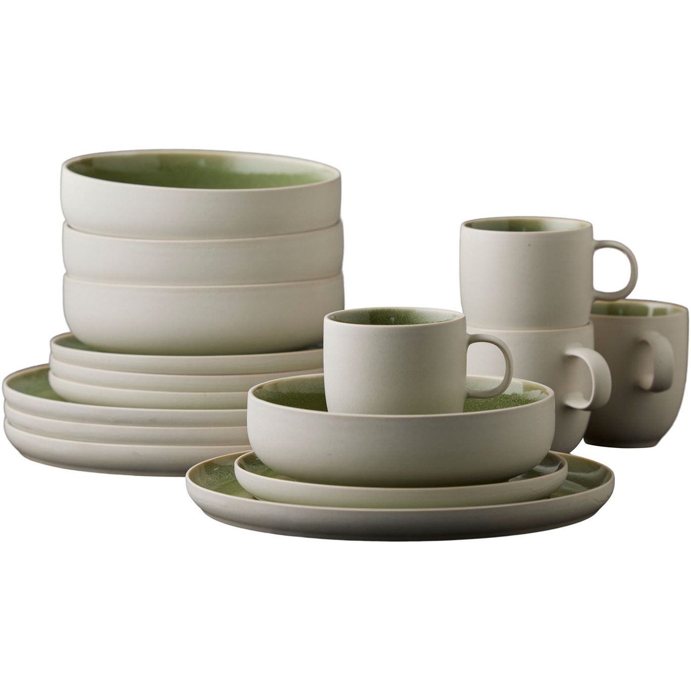North Tableware Set 16 Pieces, Matte White/Shiny Moss