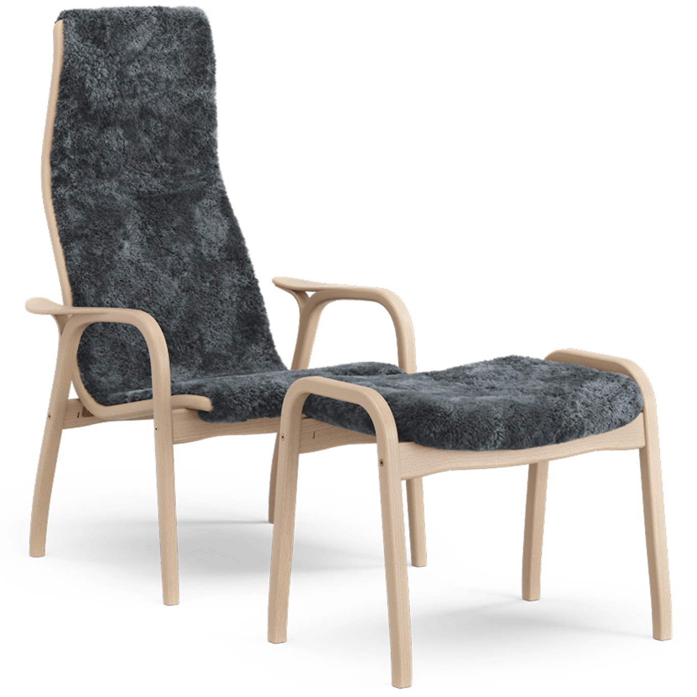 Lamino Armchair With Footstool Sheepskin, Charcoal / Lacquered Beech