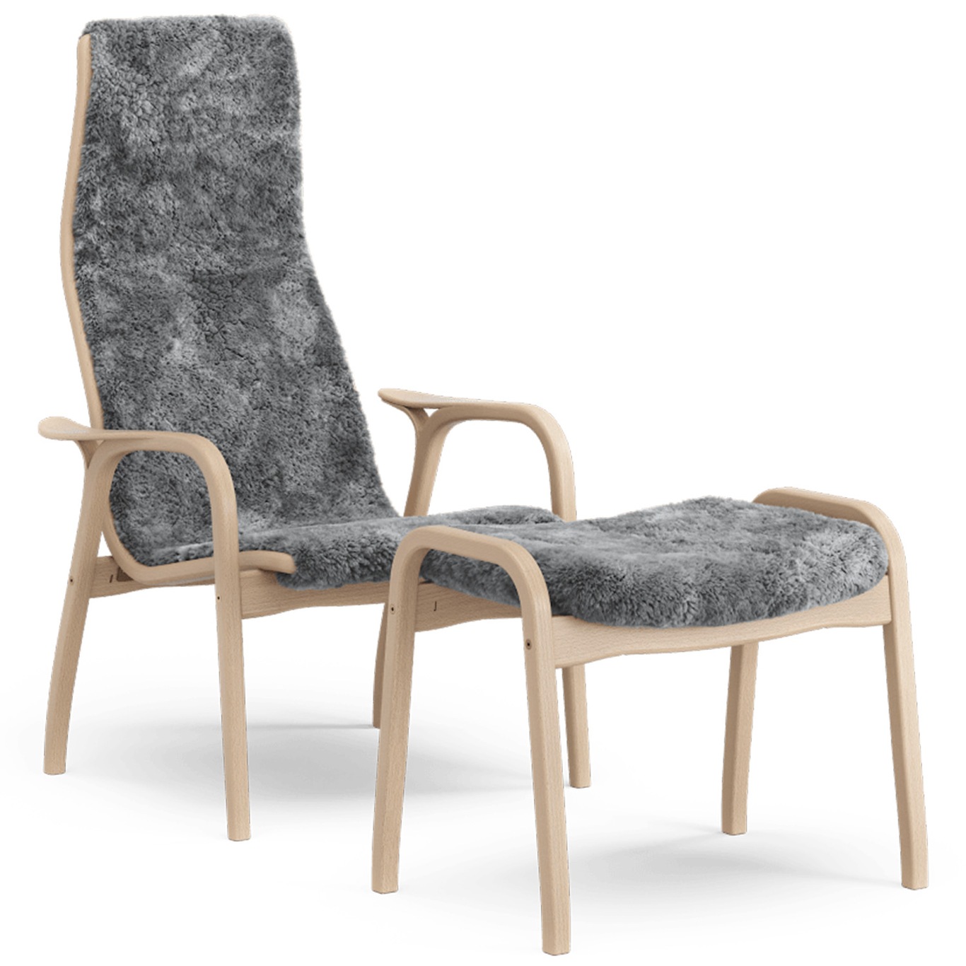 Lamino Armchair With Footstool Sheepskin, Scandinavian Grey / Lacquered Beech