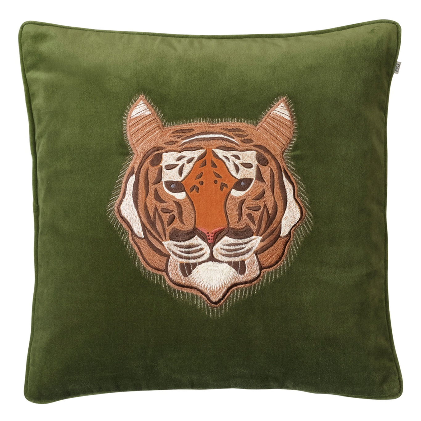 Embroidered Tiger Velvet Cushion Cover 50x50 cm, Cactus Green