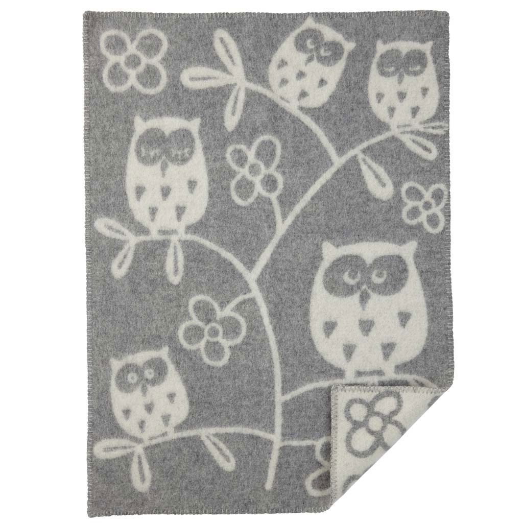 Tree Owl Wool Blanket, Light Grey/White