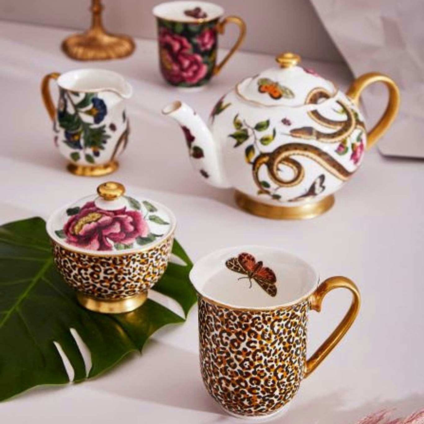 White Gold Porcelain Large Coffee Mug with Gold Print (Set of 2pcs