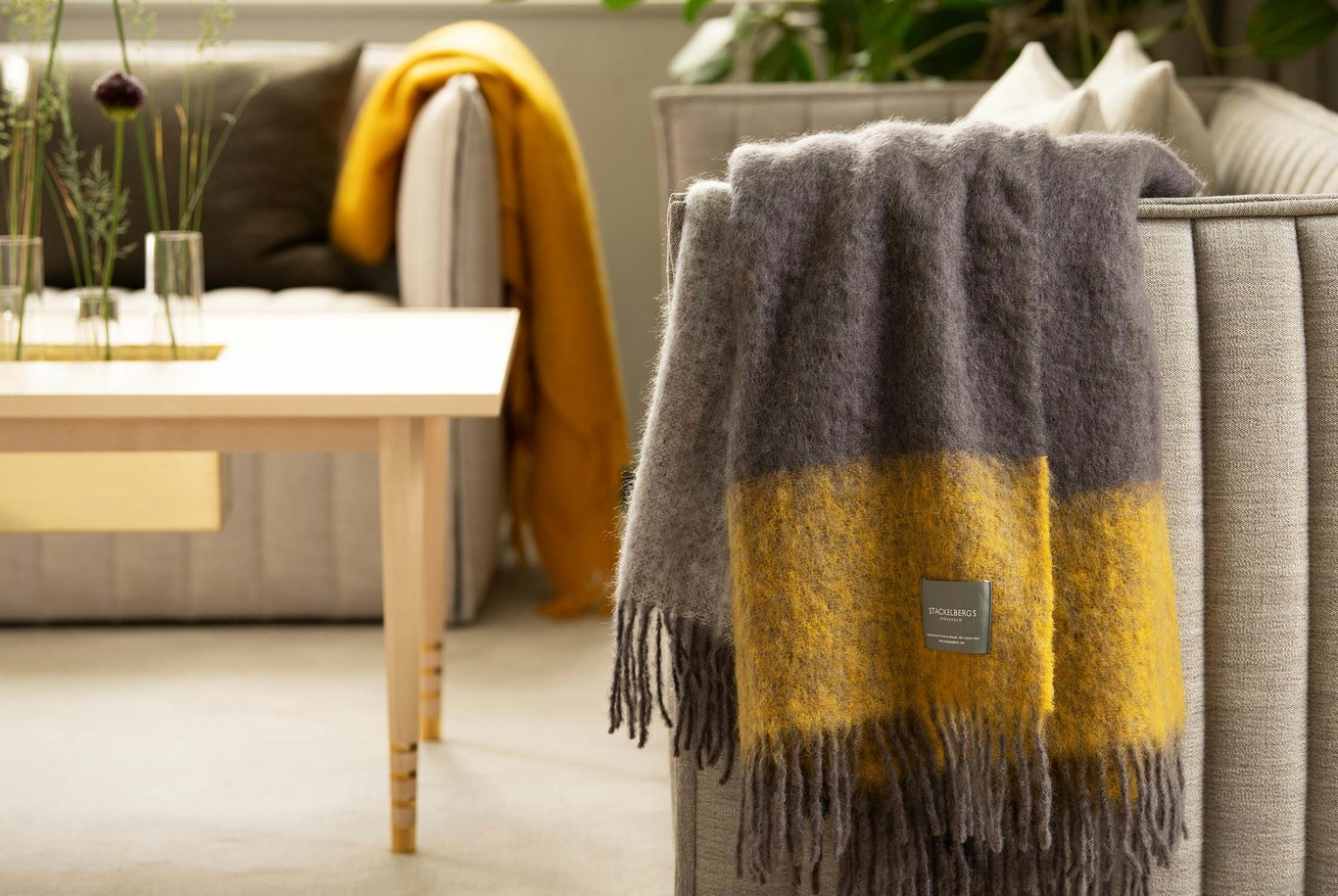 Mohair Striped Blanket Mustard/Charcoal, 130x170 cm